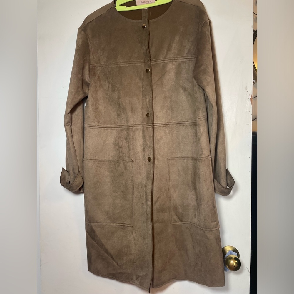 Philosophy ladies faux leather long coat, snap buttons, collarless